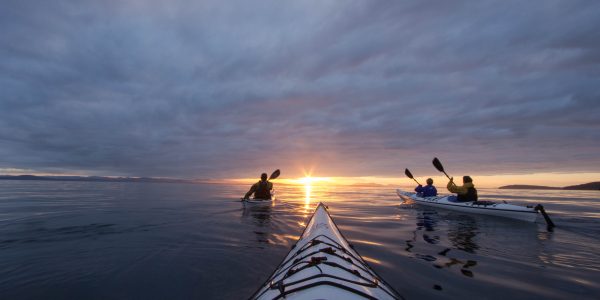 Paddlers on kayak tour at sunset