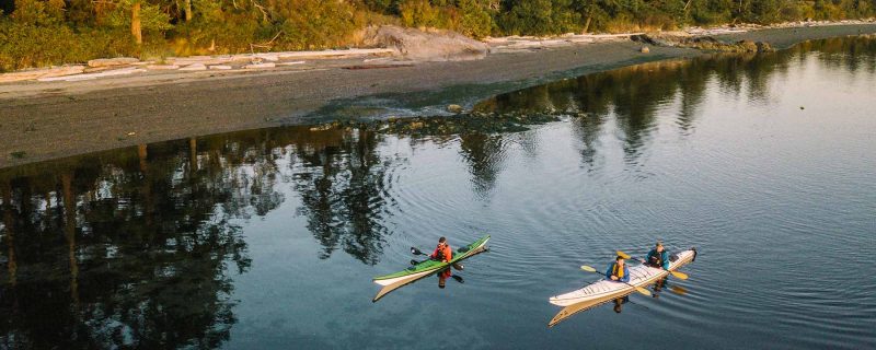 Kayakers paddling next to rocky beach