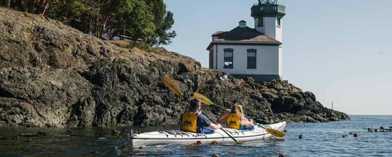 Tandem kayak with lighthouse view